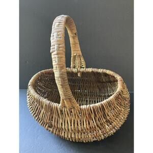 Vintage Natural Willow Rib Basket Handwoven Oval Coiled Handle Farmhouse Cottage